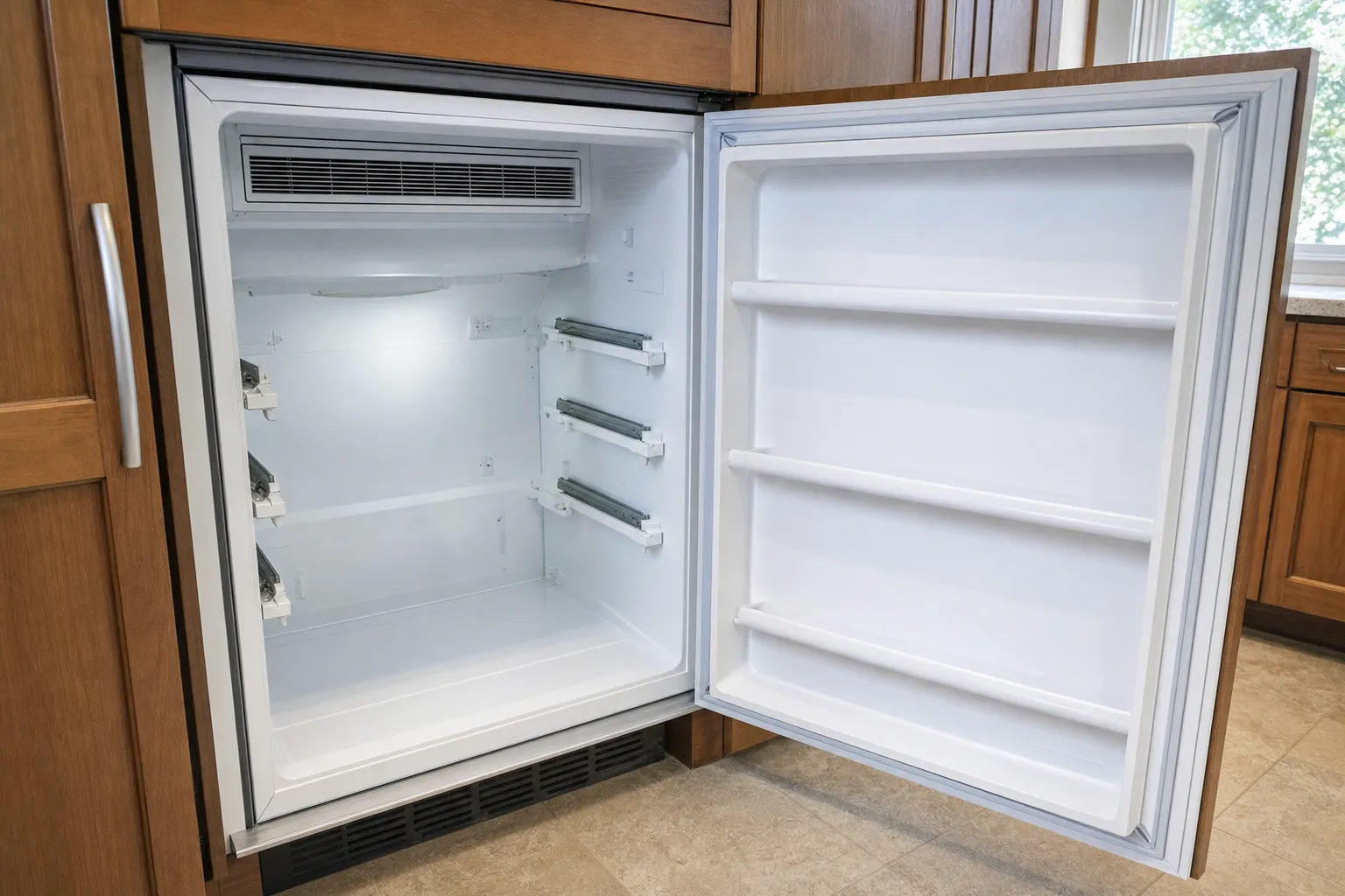 Panel-ready undercounter refrigerator standing open, empty white liner with its cold-air vent and shelf rails